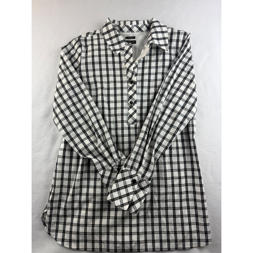 Talbots Non Iron Plaid Button Down Shirt Women Size 2 Long Sleeve Black White